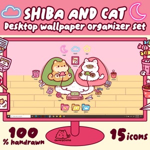 May include: A pink and green desktop wallpaper organizer set featuring a Shiba Inu and a cat playing video games. The set includes 15 icons and is 100% hand-drawn. The text "SHIBA AND CAT" and "Desktop wallpaper organizer set" is displayed at the top of the image.
