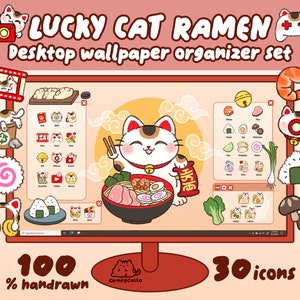 Niedliche Tier Wallpaper für den Desktop: Animierte Hintergründe mit Katzen, und Essen für einen Spaß und schönen PC / Mac-Bildschirm, Lucky Cat Ramen