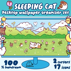Puede incluir: Una ilustración digital de un conjunto de organizadores de fondo de escritorio con un gato durmiendo, nubes, estrellas, flores y otros iconos lindos. El conjunto incluye 17 iconos y 2 cursores. El texto "SLEEPING CAT" y "100% handrawn" también se incluyen en la imagen.