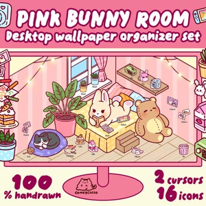 Puede incluir: Un monitor de computadora rosa y blanco que muestra una ilustración de dibujos animados de una habitación rosa de conejito con un oso de peluche, un gato y otros detalles lindos. El texto "PINK BUNNY ROOM" y "Desktop wallpaper organizer set" se muestra arriba del monitor. El texto "100% handrawn" y "2 cursors 16 icons" se muestra debajo del monitor.