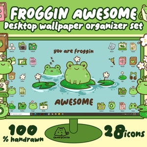 May include: A set of 28 frog-themed desktop icons for organising your computer. The icons are hand-drawn and feature cute frogs in various poses, including sleeping, sitting, and holding a magnifying glass. The icons are perfect for adding a touch of whimsy to your desktop.