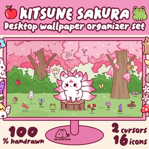 May include: A pink desktop wallpaper organizer set featuring a cute fox with a pink tail, surrounded by cherry blossoms and other nature-themed icons. The set includes 16 icons and 2 cursors, all hand-drawn.