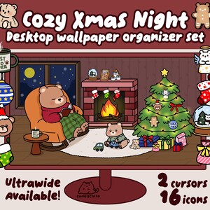 May include: A digital desktop wallpaper organizer set with a cozy Christmas theme. The set includes 16 icons and 2 cursors. The image shows a fireplace, a Christmas tree, a bear in a rocking chair, and other festive elements.