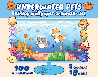 May include: A cartoon illustration of a desktop wallpaper organizer set with an underwater theme. The design features a computer monitor with cartoon sea creatures, including a cat and a dog in space helmets. Text includes "UNDERWATER PETS" and "Desktop wallpaper organizer set."