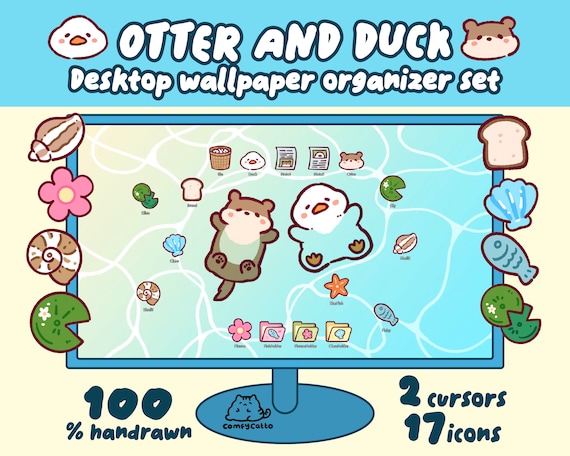 Animated Otter and Duck Desktop Wallpaper and Icon Set | Blue Cute Setup | Windows and Mac Wallpaper with Lockscreen | Cozy Setup