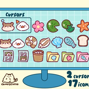 Pu&ograve; includere: Uno schermo di computer che mostra 17 icone colorate e 2 cursori. Le icone includono un pesce, una conchiglia, un fiore, una fetta di pane, una cartella, un cestino e un giornale. Il testo "Cursors" e "2 cursori 17 icone" &egrave; visibile sullo schermo.