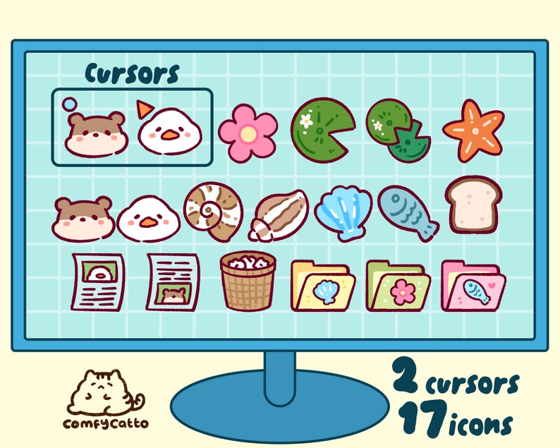 Pu&ograve; includere: Uno schermo di computer che mostra 17 icone colorate e 2 cursori. Le icone includono un pesce, una conchiglia, un fiore, una fetta di pane, una cartella, un cestino e un giornale. Il testo "Cursors" e "2 cursori 17 icone" &egrave; visibile sullo schermo.