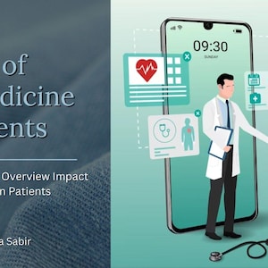 Puede incluir: Ilustración sobre telemedicina. Un médico con bata blanca estrecha la mano de un paciente frente a un gran teléfono inteligente que muestra iconos médicos. El texto dice "Impacto de la telemedicina en los pacientes."