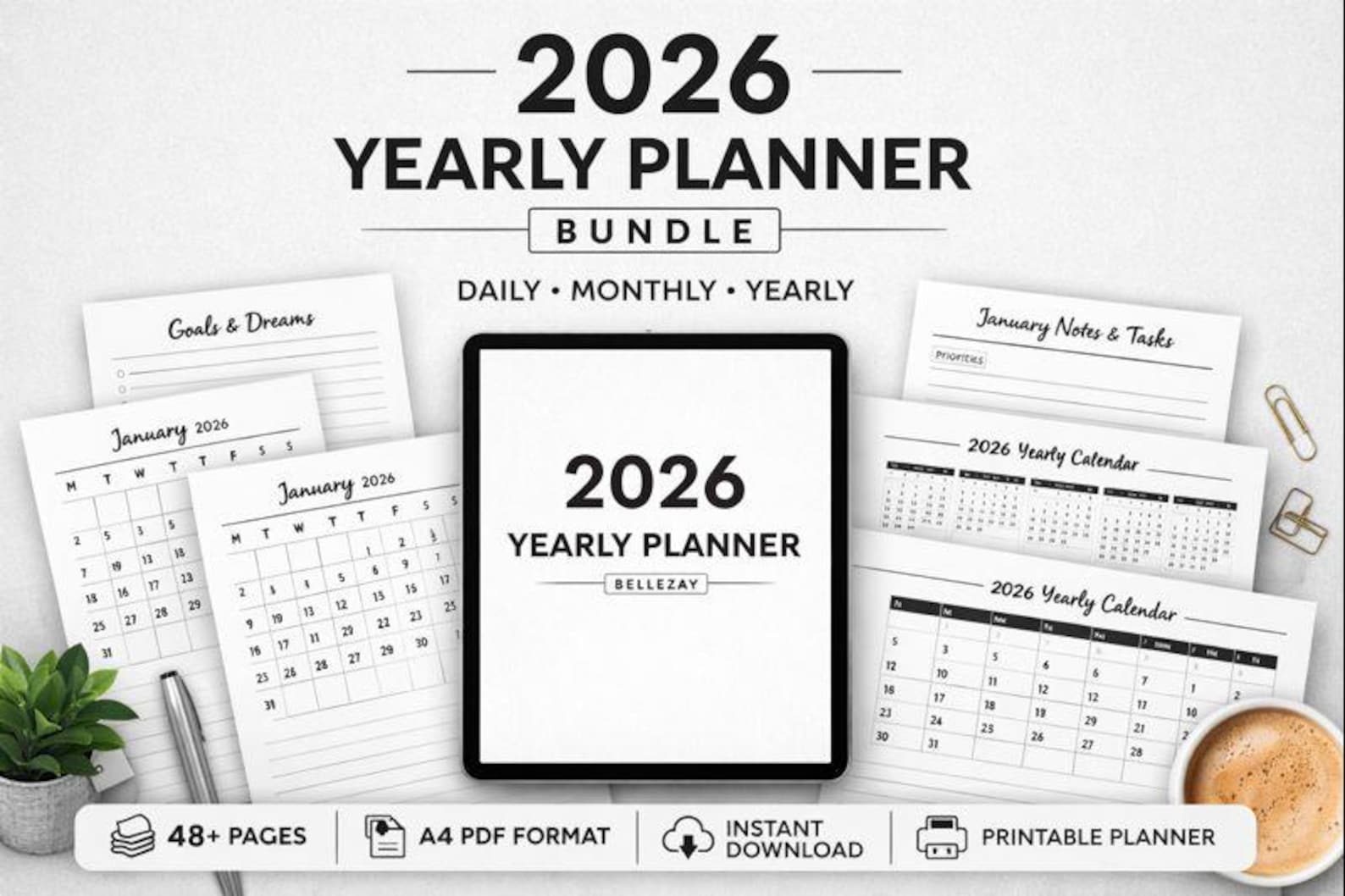 2026 Yearly Planner Printable A4 | Black & White Planner | Yearly