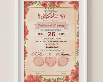Custom Islamic Marriage Certificate | Muslim Nikah Nama | Personalized Nikah Certificate | Digital Wedding Keepsake | Not Editable