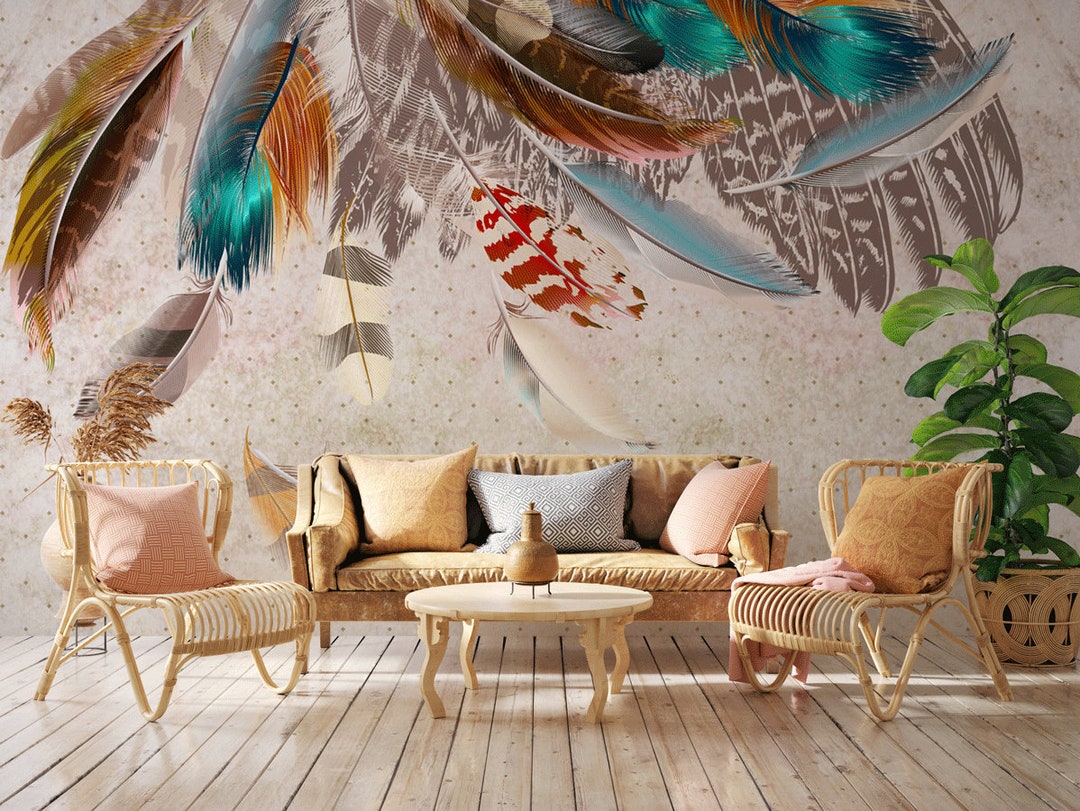 Panoramic Wallpaper Indian Feathers Indian Feather Wallpaper Etsy