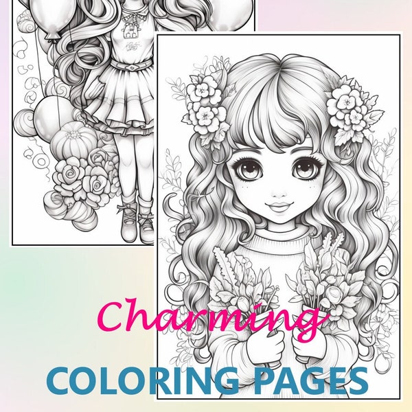 Digital coloring pages kawaii girls and flowers| niñas y flores dibujos para colorear| ilustración digital| Blumen malbuch