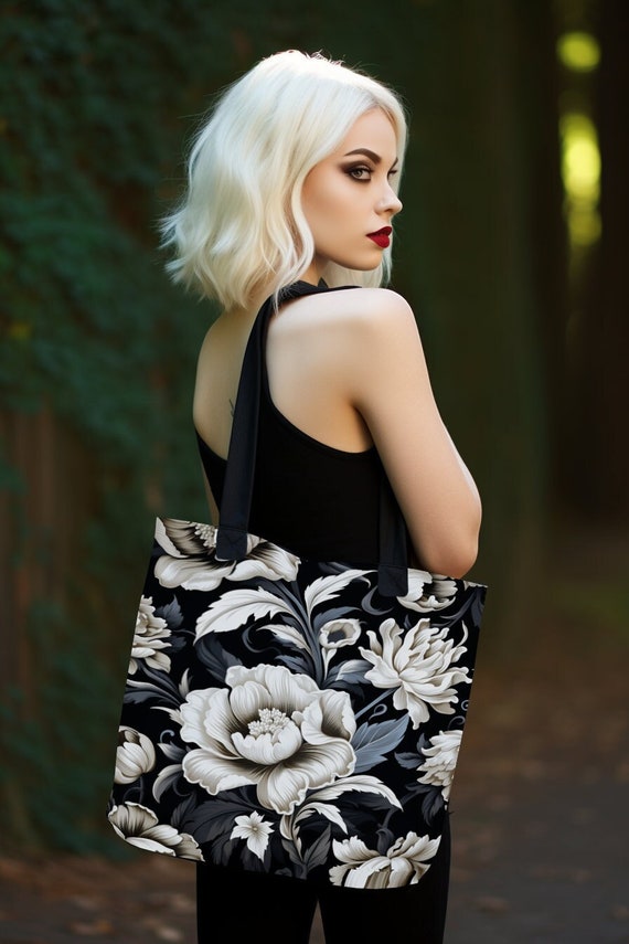Black flowers gothic Tote bag Vintage tote bag Bolsa de tela flores gotico Bolsa estilo gotico Schwarze Blumen Gothic Einkaufstasche