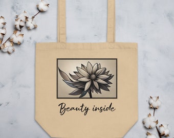Beauty inside Eco Tote Bag | Bolsa de tela | Tote with flowers | Beige oyster color tote