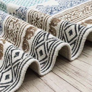 Hand Block Print Cotton Rug, Geometric Beige Black Flat Weave Area Carpet, Washable Boho Rug for Living Room, Dining 4x6 5x5 4x10 ft