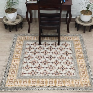 Handmade Square Cotton Rug 5x5 6x6 7x7 ft Boho Flat Weave Rug Washable Block Printed Rug for Living Room Indian Cotton Dhurrie Floor Carpet