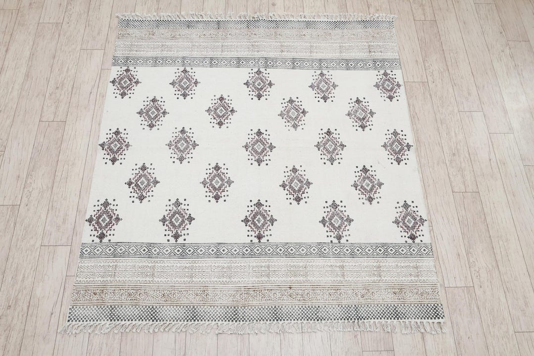 Hand Block Printed Cotton Area Rug, Geometric Bohemian Decor - Etsy
