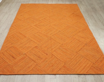 Hand Braided Jute Rug: Burnt Orange Geometric Boho Area Carpet