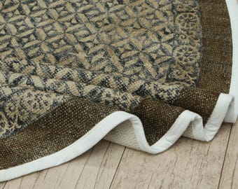 Round Cotton Dhurrie Rug, Geometric Brown Washable Carpet