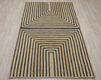 Alfombra Kilim Dhurrie geométrica de yute natural, trenzada a mano, color negro y beige, de 1,5 x 1,5 x 1,2 m y 1,2 x 3 m, para sala de