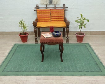 Handmade Green Cotton Area Rug, Block Print Geometric Kilim