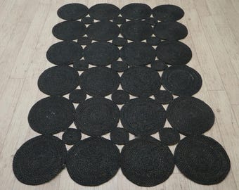 Scalloped Black Jute Rug, Bohemian Geometric Area Rug