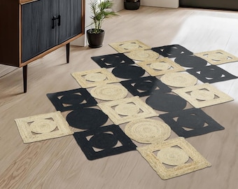 Alfombra tejida a mano en yute beige y negro, estilo bohemio, trenzada, geométrica, de fibra natural. Ideal como 2x10, 5x10 y 8x10 pies.