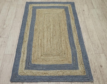 Handmade Jute Rug, Beige & Blue Braided Boho Rug