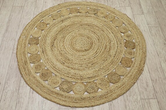 Handmade Round Jute Rug | Boho Spiral Weave, Rosette Border