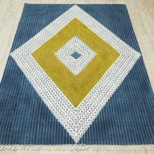 Tappeto in cotone blu fatto a mano Tappeto stampato a blocchi gialli Tappeto per la casa Tappeto per sala da  4x6 5x7 8x10 piedi