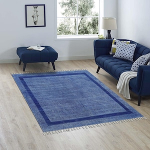Square blue cotton rug Modern area rug Floor Decor Hand woven rug Indian handmade rug Kitchen floor carpet Square living room dining room