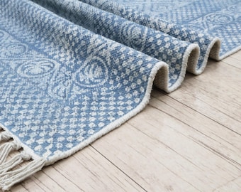 Bohemian Blue Cotton Area Rug, Hand Block Print
