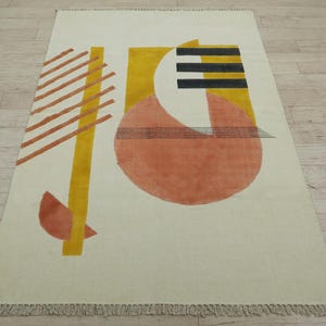 Washable Beige & Orange Cotton Rug 4x6 ft, Hand Block Printed Geometric Flatweave, Boho Area Rug for Living Room, Indoor Outdoor Patio Mat