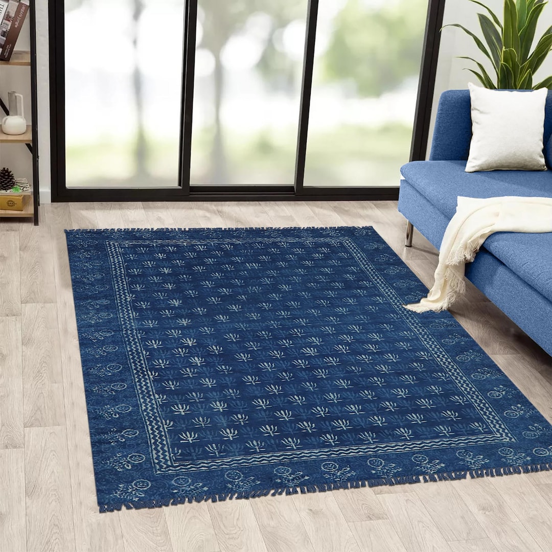 Dabu Rug Blue Block Print Cotton Rug, Bohemian Dabu Rug - Etsy