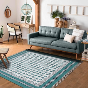 Tapete geométrico azul-petróleo 5x5 | Tapete boho lavável à máquina | Design étnico moderno | Perfeito para decoração de sala de estar e