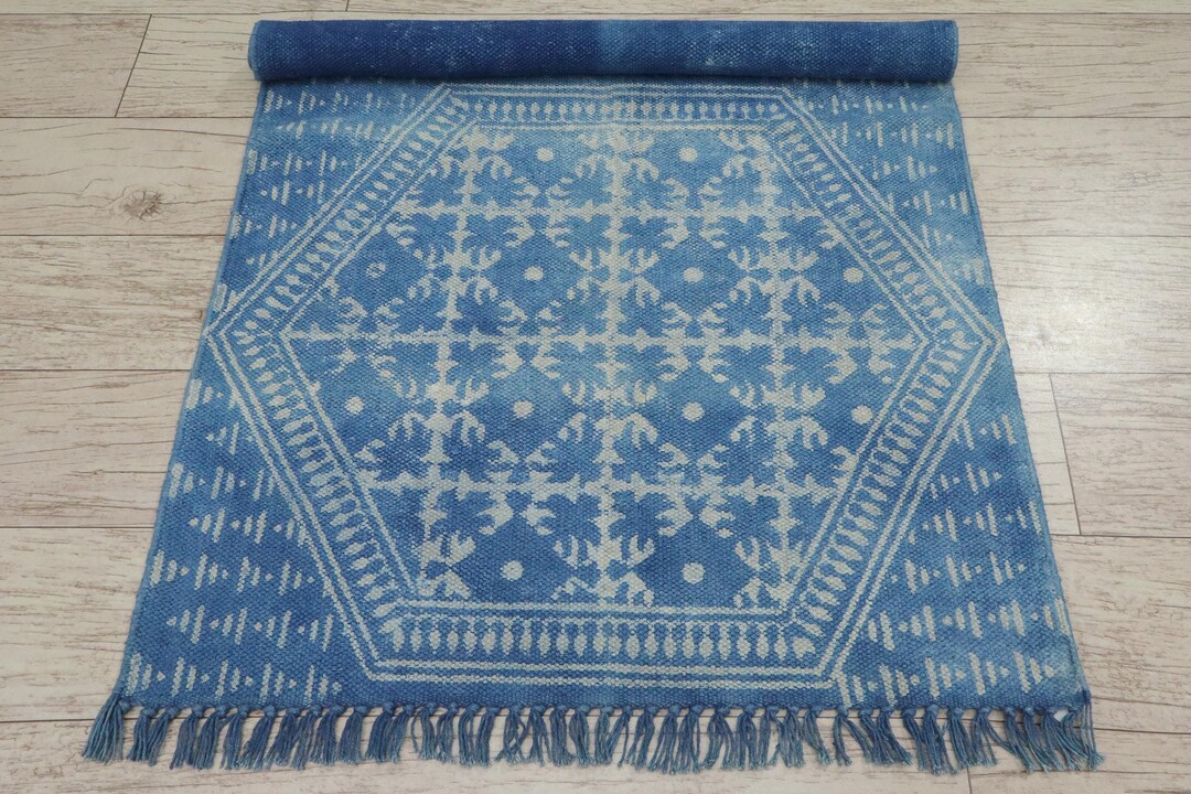 Dabu Rug Dining Room Area Rug Cotton Blue Dabu Print Rug Washable Cotton Rug ...