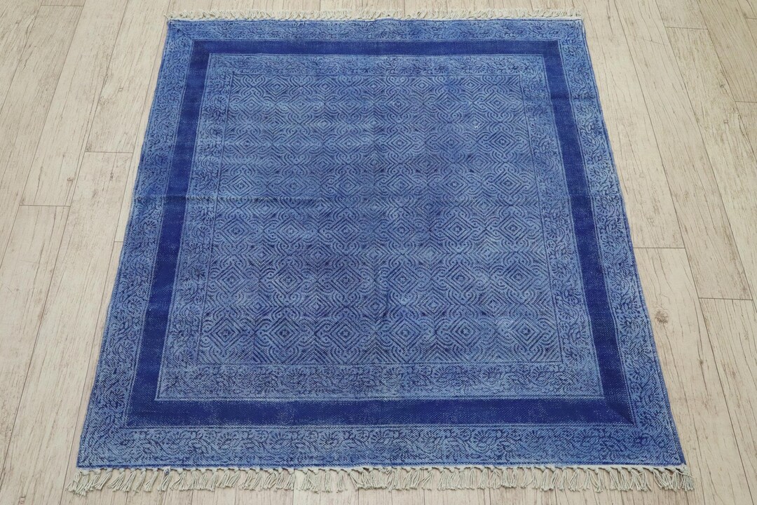 7x7 Blue Cotton Rug, Handwoven Indian Carpet, Modern Decor - Etsy