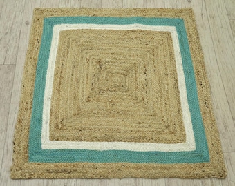 Beige Square Jute Rug with Turquoise Border Handmade Natural Fiber Boho Farmhouse Area Rug