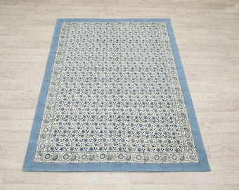 Sky Blue Green Cotton Rug Washable Flat Weave Floral Boho Carpet for Living Room 2x4 ft