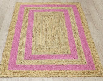 Handmade Jute Rug Beige Pink Boho Farmhouse Geometric Carpet