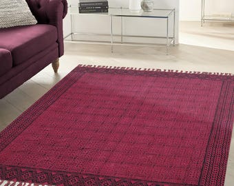 Hand Woven Kilim Area Rug - Bohemian Pink Rug with Tassels
