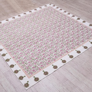 Square Area Rug Green 3x3 5x5 8x8 ft Washable Cotton Rugs Kitchen Floor Carpet Indoor Outdoor Dhurrie, Hand Block Print Rug Square Yoga Mat