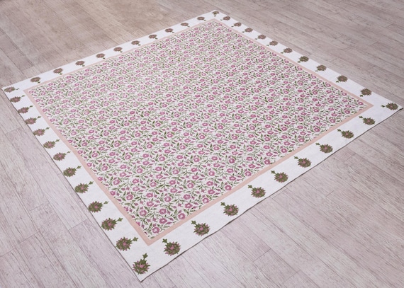 Square Area Rug Green 3x3 5x5 8x8 ft Washable Cotton Rugs Kitchen Floor Carpet Indoor Outdoor Dhurrie, Hand Block Print Rug Square Yoga Mat
