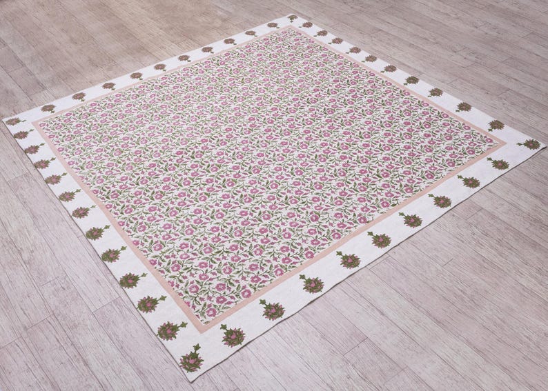 Square Area Rug Green 3x3 5x5 8x8 ft Washable Cotton Rugs Kitchen Floor Carpet Indoor Outdoor Dhurrie, Hand Block Print Rug Square Yoga Mat