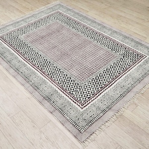 Black Brown Geometric Cotton Rug Hand Block Printed Dhurrie Gift for Father Boho Washable Floor Carpet Living Room Runner 4x4 2x12 8x10 feet