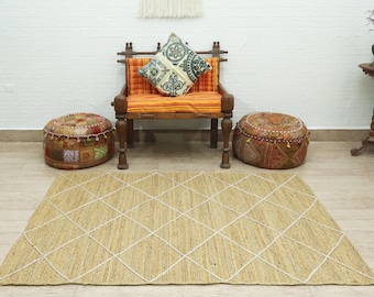 Handmade Jute Area Rug, Boho Geometric Braided Rug, Natural Fiber