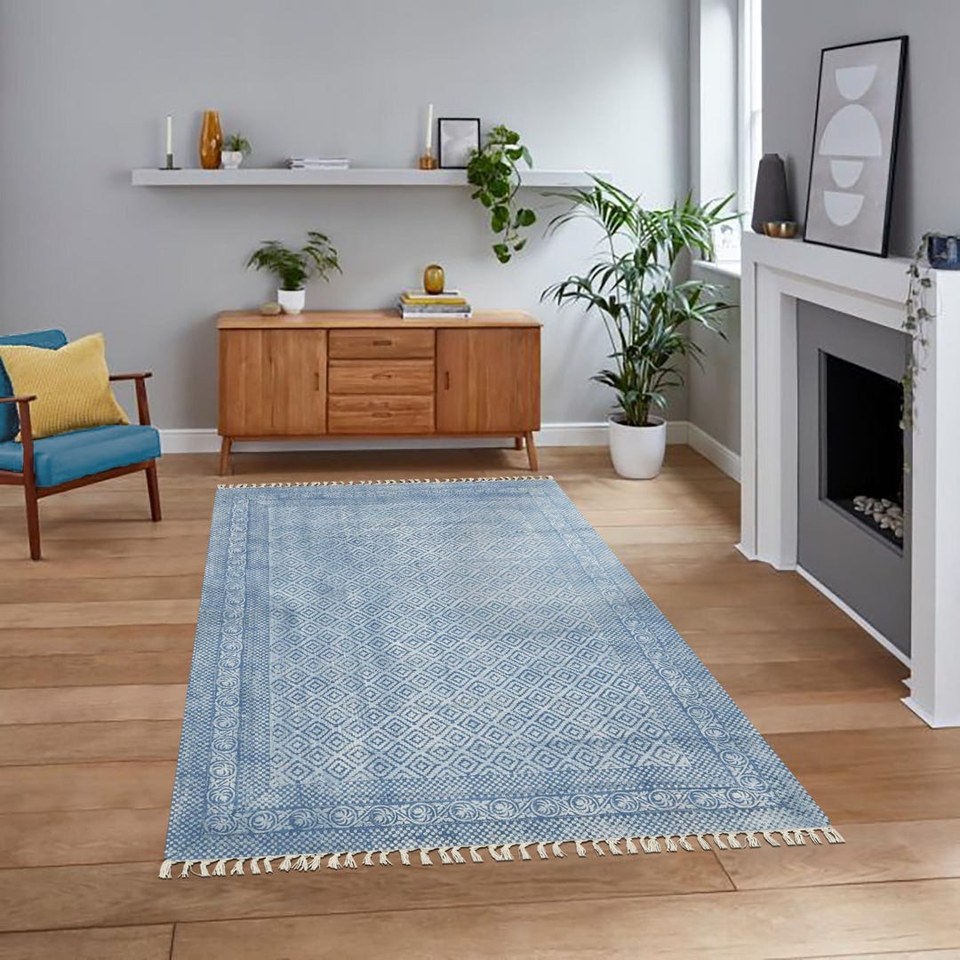 2x6 Ft Cotton Area Rug Custom Washable Block Print Rug Blue Flatweave 