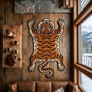 Hand Tufted Tiger Wool Rug | Orange Black Animal Hide Shape Carpet