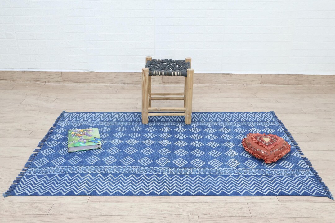 Dabu Rug Blue Cotton Woven Boho Rug, Handmade Block Dabu Printed Area Carpet for ...