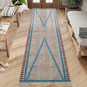 Runner Area Rug Washable Runner, Block Printed Cotton Rug Woven Boho Carpet for Large Hallway Stair, Kitchen Floor Runner, Custom Blue Rug